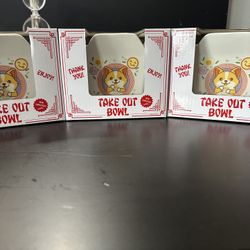 3 Ceramic Corgi Take Out Bowls W/Chopsticks
