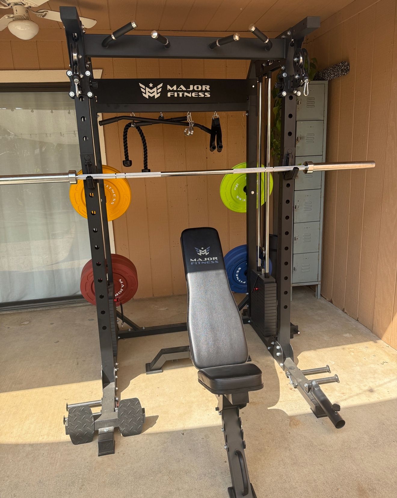 POWER RACK, CABLE PULLEYS, WEIGHT STACKS 340lbs, BARBELL, BUMPER PLATES, BENCH, LEG EXTENSION, PULL DOWN SEAT, ALL IN ONE GYM