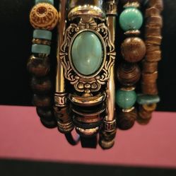 4pcs Vintage Western Style Bracelet Set Turquoise & Wooden Beads