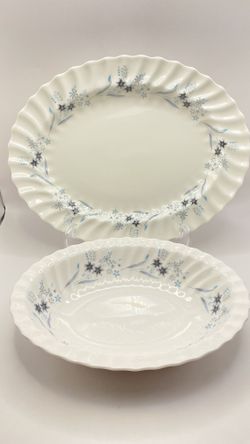 VTG Royal Doulton Millefleur Set of Oval Platter & Oval Serving Bowl Winter Blue & Grey Flowers UK  