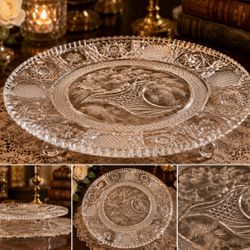 Vintage Hand-Cut Lead Crystal Three-Footed Serving Stand / Cake Plate – Basket & Floral Engraving