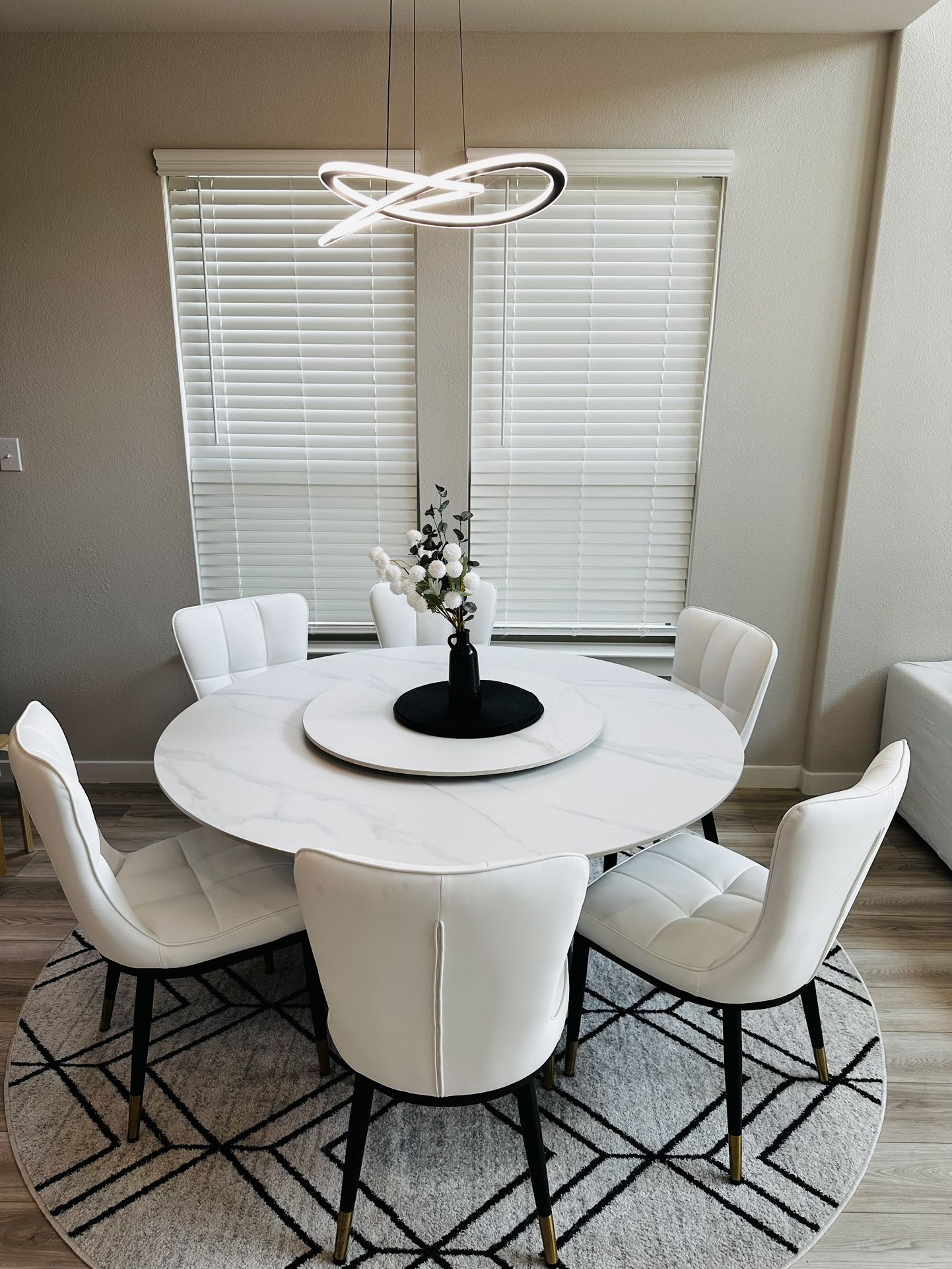 Luxury 60” Designer Sintered Stone Dining Set w/ Lazy Susan + 6 Chair