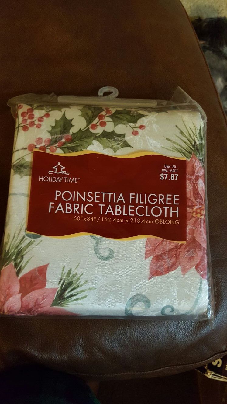Holiday Time Poinsettia Filigree Fabric Tablecloth