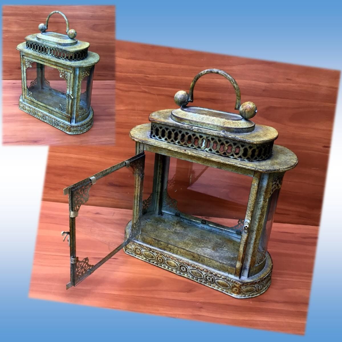 Retro🏮 Indoor Outdoor Galvanized Large Candle Lantern Holder 17 x 14 x 6 High-end estate acquired, storm, up to 3 large candles, poolside, parties, b