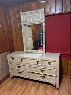 Vintage Mid-Century Faux Bamboo Triple Dresser & Matching Mirror