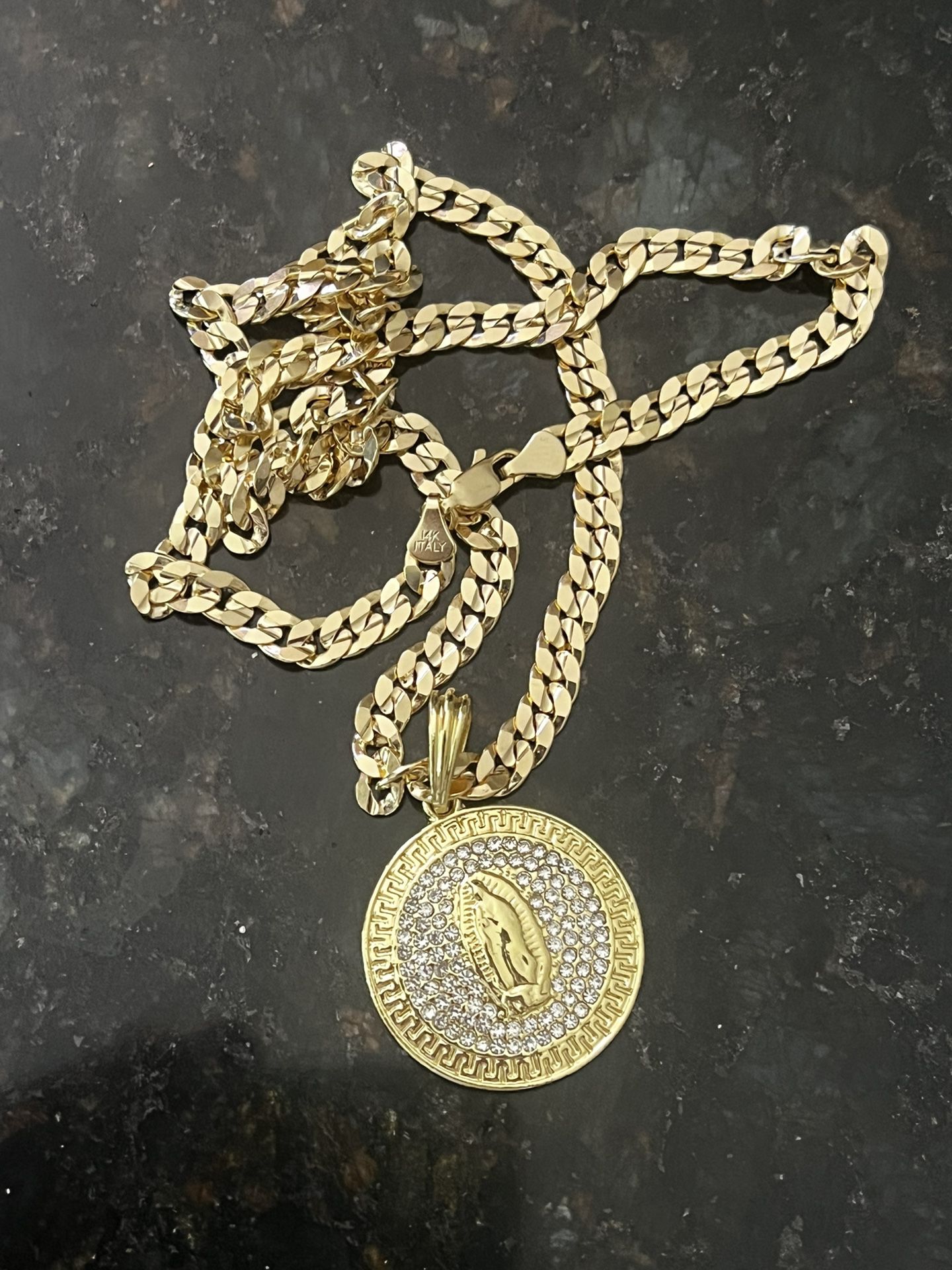 14k Gold Filled With Silver Cuban Chain And Mary Pendant 