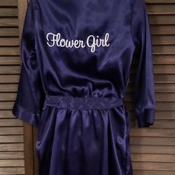 Girl’s Flower Girl Robe, New, Dark Purple Satin W/White Embroidered Letters On Back, Side Pockets, Size: 6-10