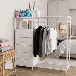 Modern White Clothing Rack & 5-Drawer Dresser Combo with Charging Station