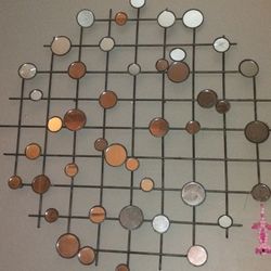 Wall Art Multi Size Mirrors On Iron Grid aprox 3,'x3'   (6) 10" Round  Mirrors 