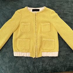 Like New With Box Zara Women’s Yellow White Tweed Jacket Coat Blazer Cardigan With Zipper Closure Large L