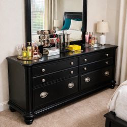 Black Dresser w/ Mirror + Matching Nightstand – 6 Drawer Set