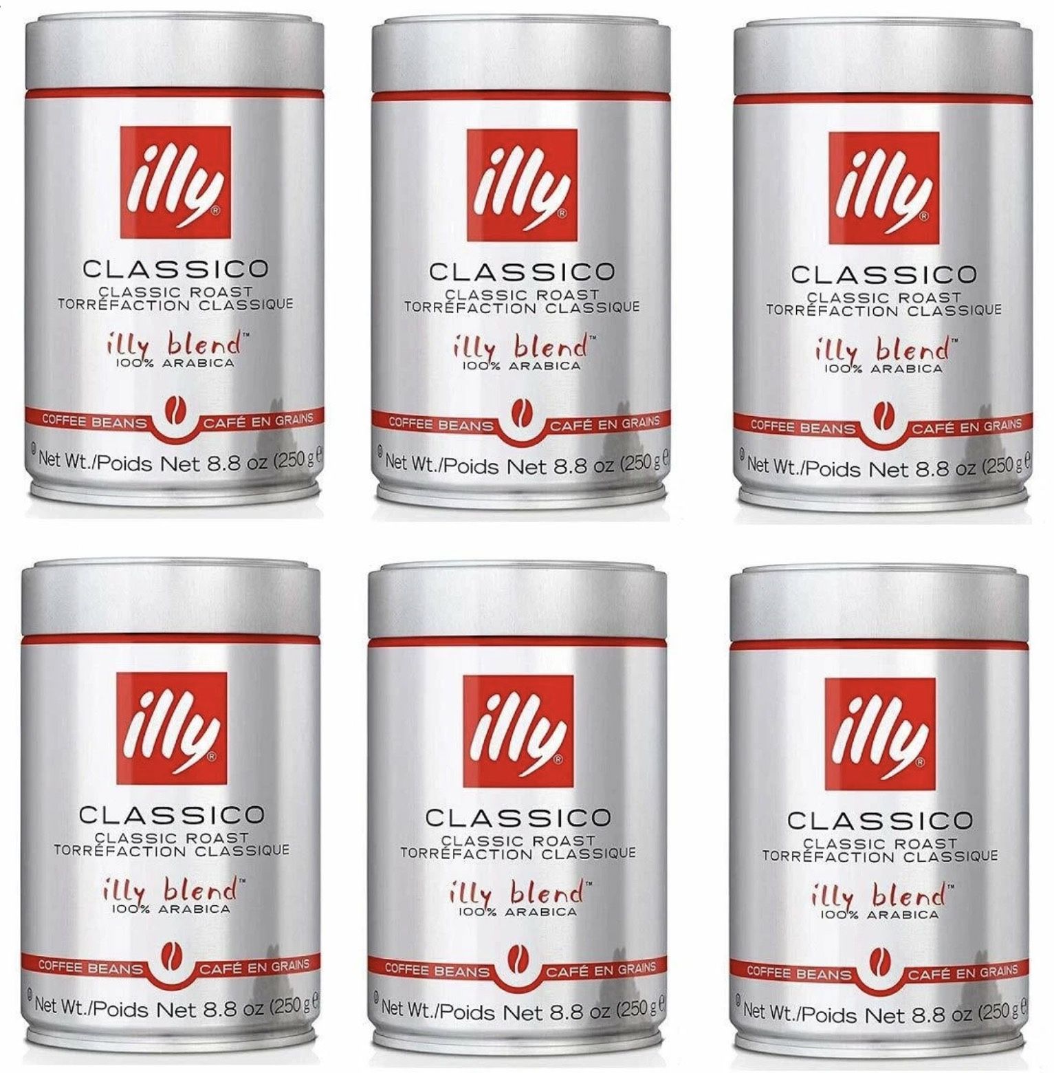 Illy Whole Bean Coffee, Classico Medium Roast, Mild & Balanced, 100% Arabica Whole Beans, Sealed for Freshness - 8.8oz can each 6pk New