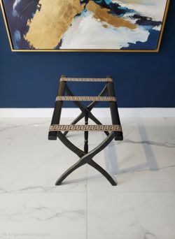 "MAYFAIR" WOODEN LUGGAGE RACK - BLACK FRAME - GREEK KEY DESIGN - BEIGE STRUPS