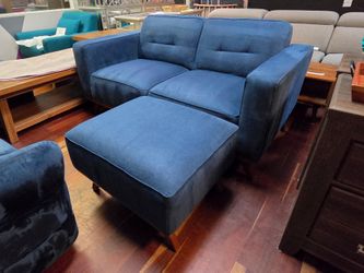 Modern Loveseat and Ottoman - Blue
