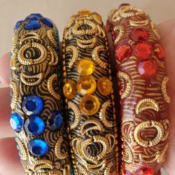 3 Multicolored Acrylic Studded With Gold Tone Wire Work Bangles