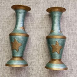 Green Enamel & Brass Cloisonne Floral Relief Vase - Candle Holder Made in India