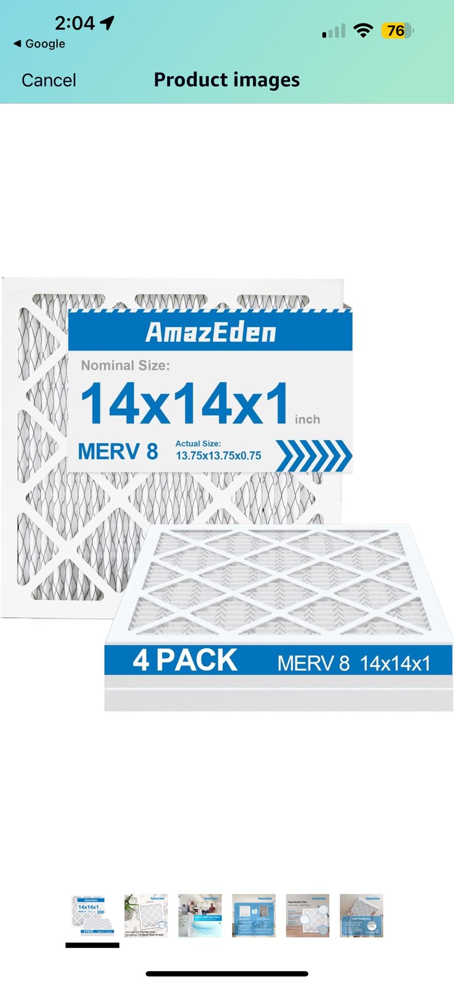 14x14x1 Air Filter MERV 8, 4 PACK AmazEden