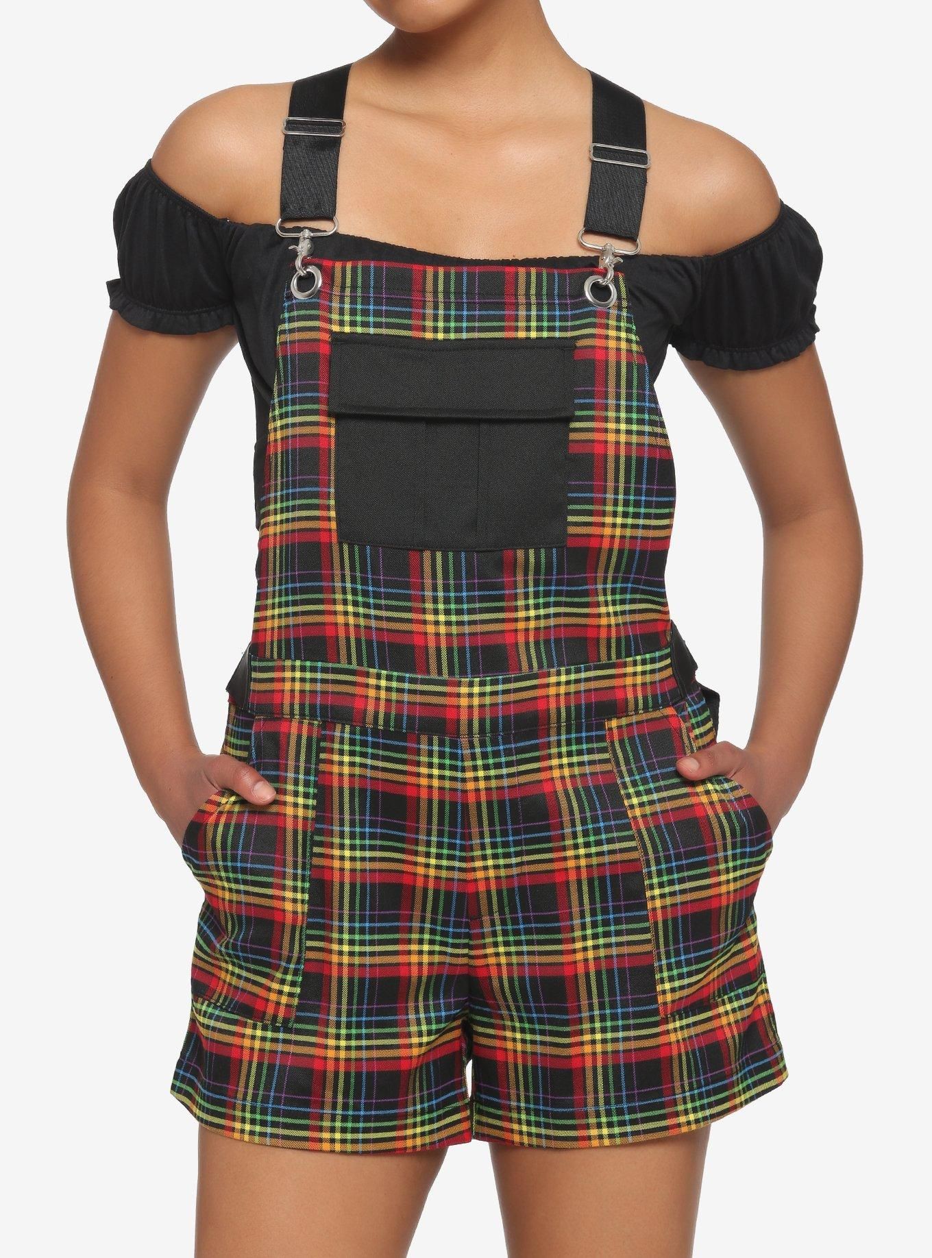 Hot Topic Rainbow Plaid Pride Short Overalls