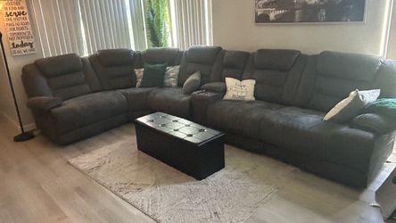 Large Gray Sectional Sofa with Recliners and Cup Holders