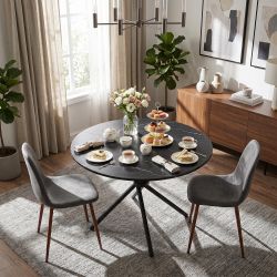 Homy Casa Fontana 39.4" Round Black Marble Look Dining Table for Dining