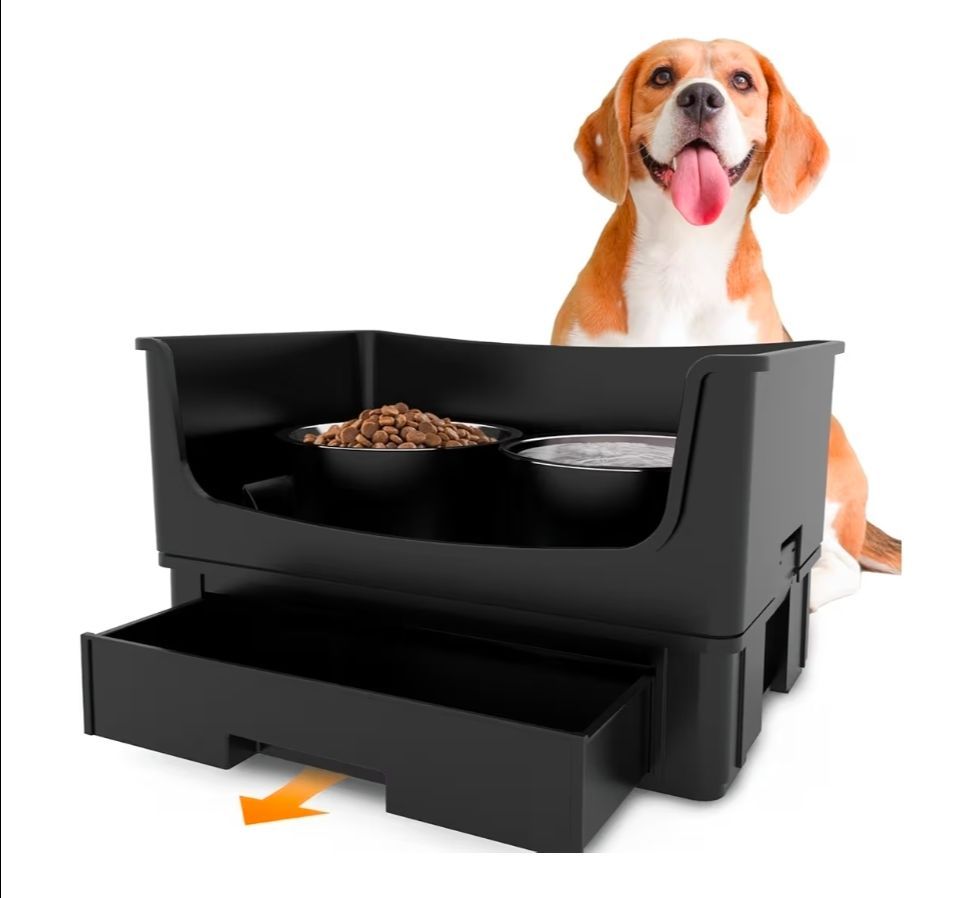 Mess Proof Raised Dog Bowls,Elevated Dog Bowl Stand Set 2 Stainless Steel Food Bowls,Splash Water Collection Non-Slip Medium Sized Feeding Table