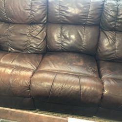 Leather  Couch  With 4 Recliners  With Storage  And 4 Cup Holders 