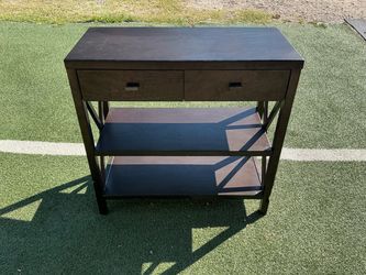 Dark Wood Console Table with Drawers and Shelves