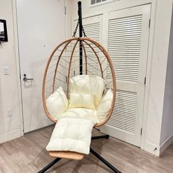 Hanging Egg Chair with Adjustable Footrest & Stand, Wicker Rattan Swing Hammock Chair with Cushion, 350LBS Capacity for Outdoor & Indoor Patio, Deck
