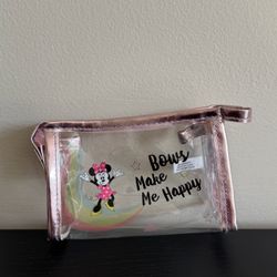 Disney Minnie Mouse "Bows Make Me Happy" Small Clear Pink Zip Cosmetic Bag