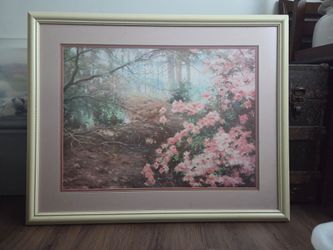 Large Framed Impressionist Landscape Art (40" x 34") - Pink Azaleas & Forest