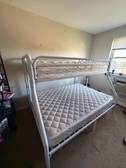 White Metal Twin over Full Bunk Bed with Mattresses