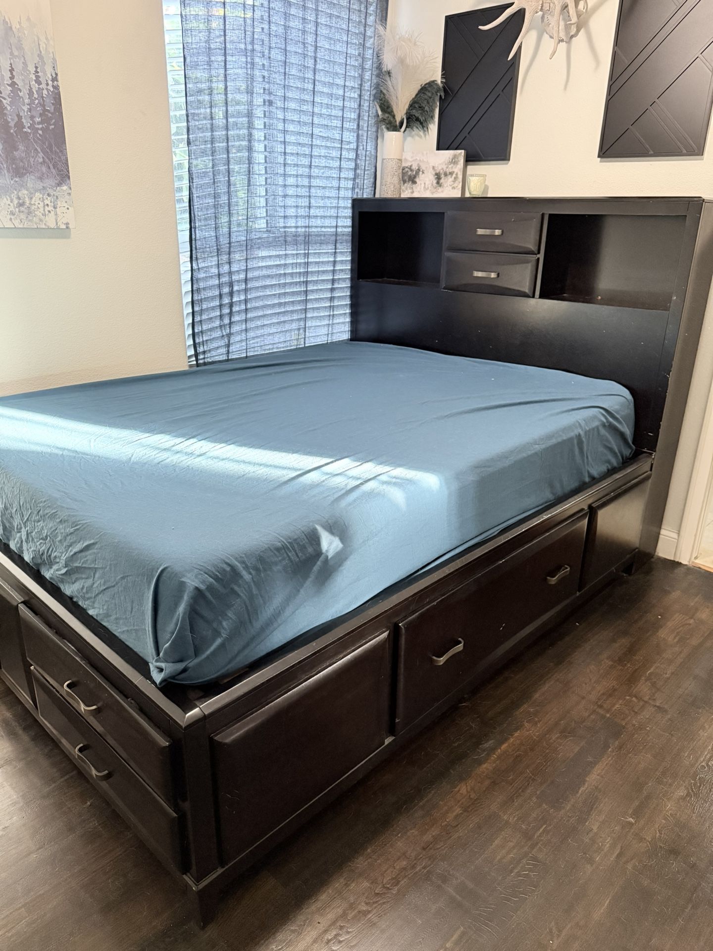 Solid Wood Storage Bed Frame Bedroom Espresso Black With Drawers Queen Sized