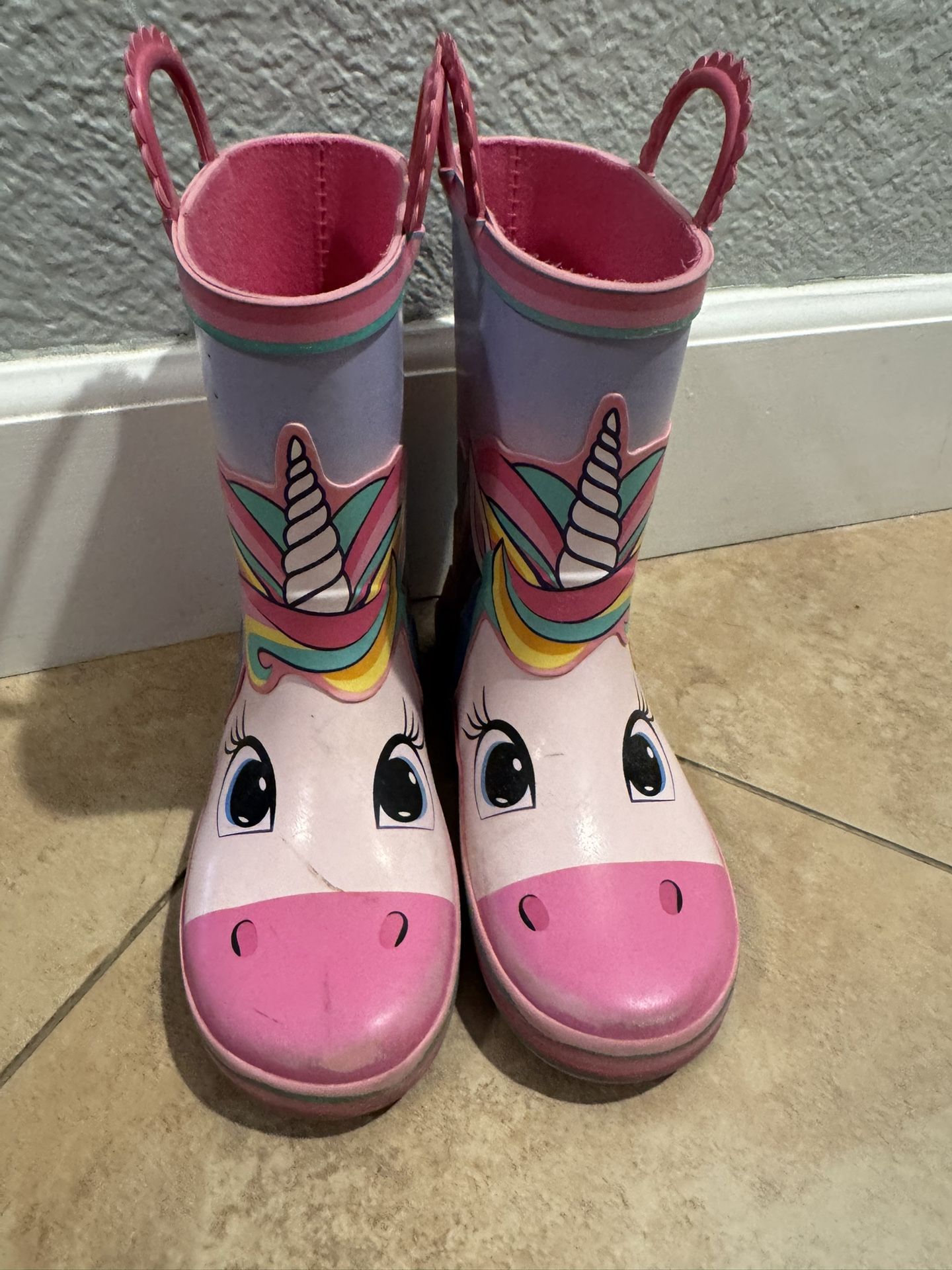 Kids unicorn Rain boots Size 13/1 Used Girl Pink Child Size 