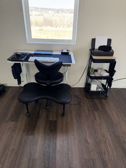 Modern Office Setup – Desk + Ergonomic Chair + Printer Cart