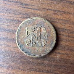 Antique Maritime Trade Token Coin Ship Crown 50 Denomination Brass Vintage