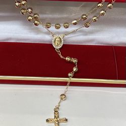 14k Premium Gold plated Diamonds Cut Rosary Necklace
