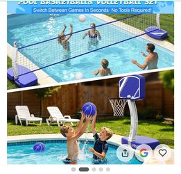 2 in 1 Pool Basketball Hoop & Pool Volleyball Net Set,Pool Sport Toys | Pool Game with Weighted Base&Stand, 2 Water Volleyball&2 Basketball