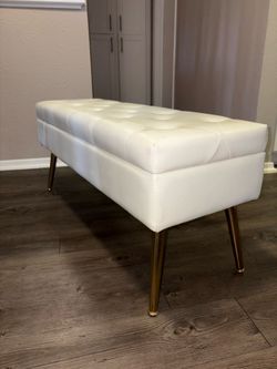 White pu leather bench with storage