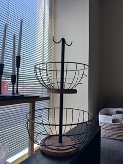 2-Tier Fruit Basket Stand with Banana Hanger – Black Metal & Wood