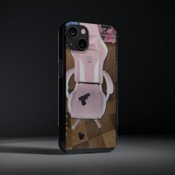 Cute & Edgy Soft IPhone 13 Case - Kawaii Pink Gaming Chair with Gun Design