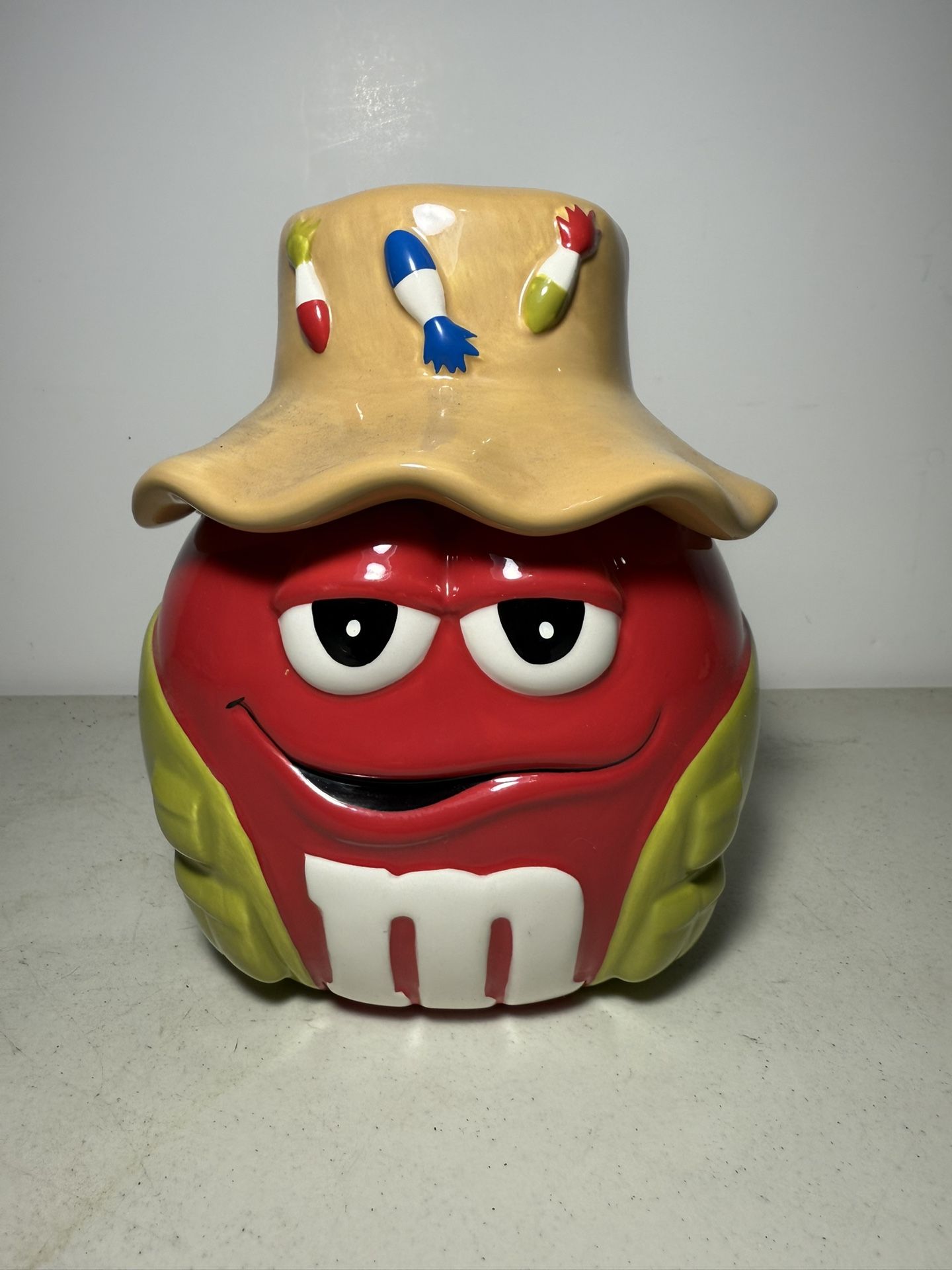 Vintage M&M Red Fly Fisherman w/ Hat Ceramic Candy/Cookie Jar w/ Lid - Canister