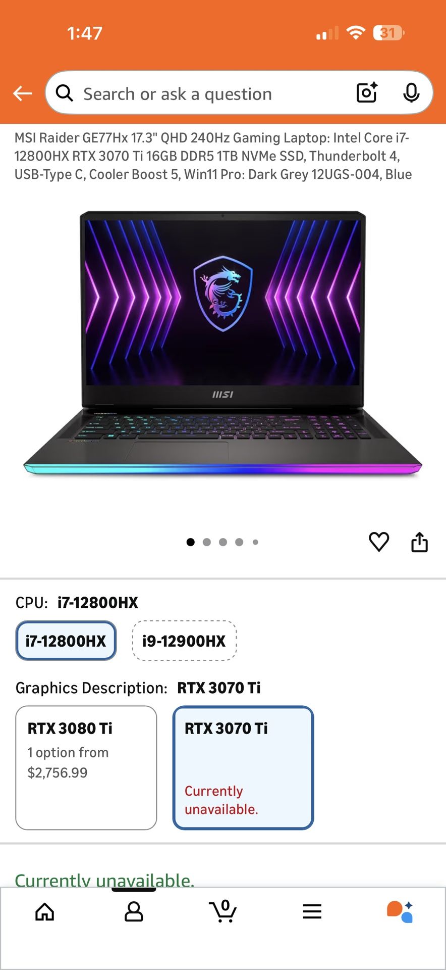 Msi Raider GE77HX QHD 2560:1440p 240hz Display Gaming Laptop