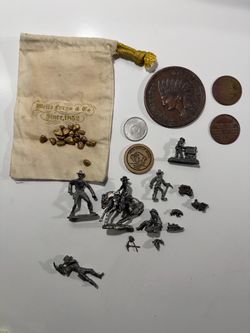 Western theme pewter figurines, Wells Fargo faux gold satchel & western themed coins