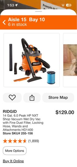 RIDGID 14 Gal. 6.0 Peak HP NXT Shop Vacuum Wet Dry Vac with Fine Dust Filter, Locking Hose, Wands and Attachments HD1400