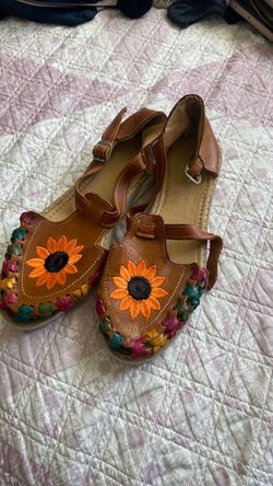 Leather Huarache Sandals with Sunflower Embroidery