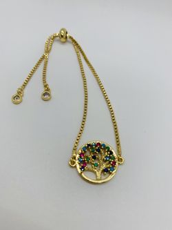 14K Gold Plated With Cubic Zirconia Colorful Tree Of Life Bracelet Adjustable