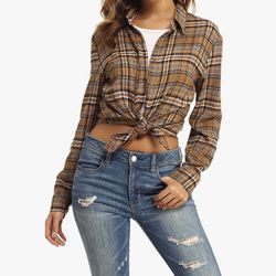 Brand New GUANYY Women's Long Sleeve Casual Loose Classic Plaid Button Down Shirt Size Small