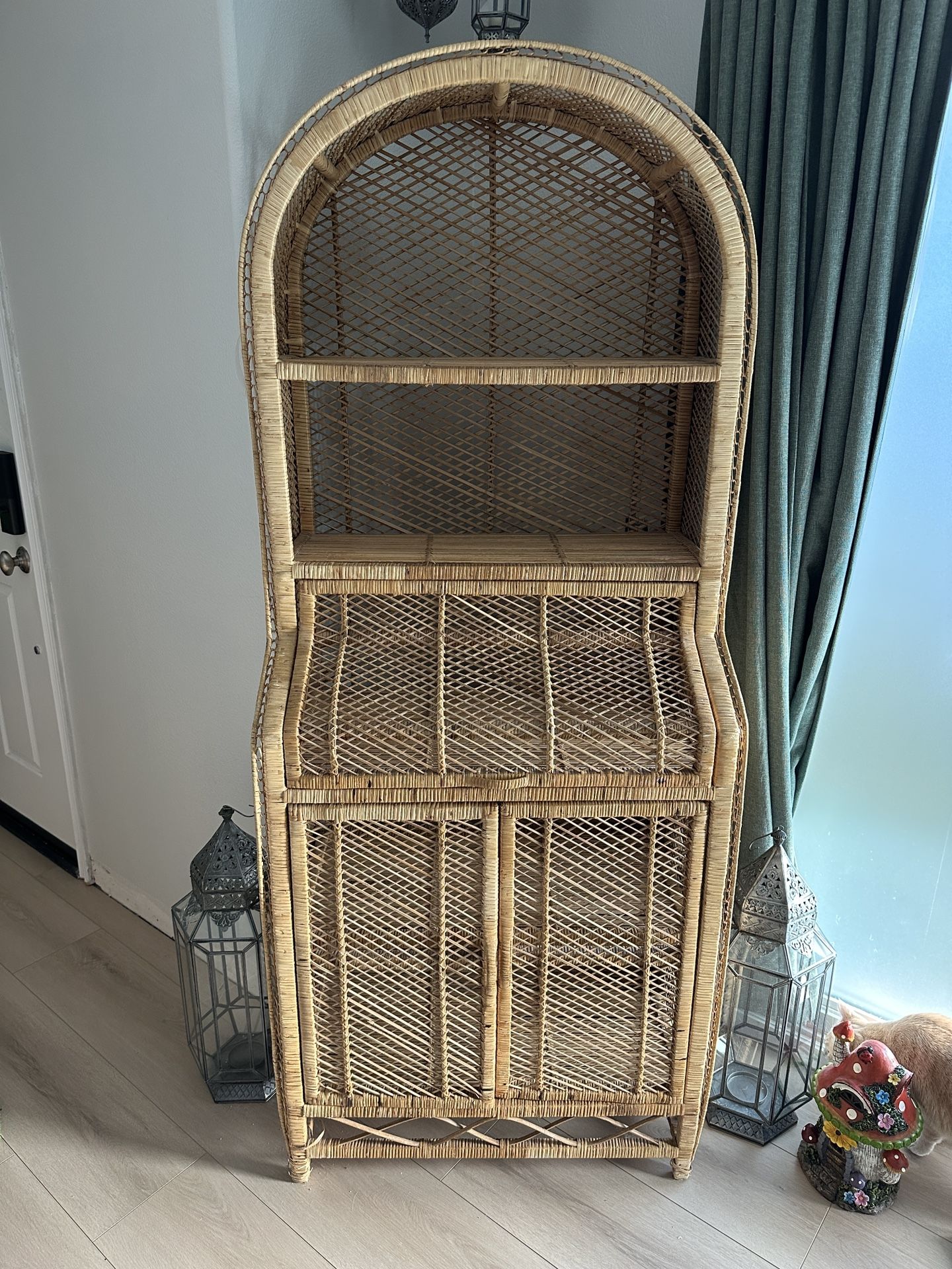6ft tall Vintage Wicker shelf with Cabinet