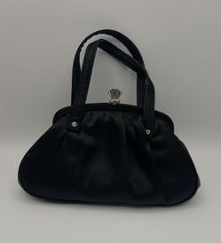 Black Satin Evening Clutch w/Large Rhinestone Clip Closure~Has Handles and Satin Rope Hangs 31.5”