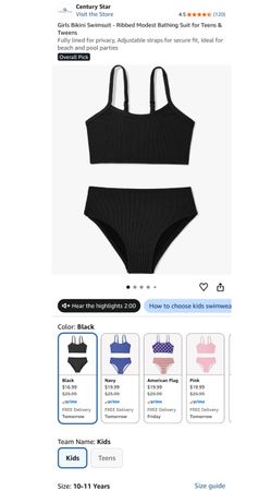 Century Star Girls Ribbed Bikini Swimsuit Black